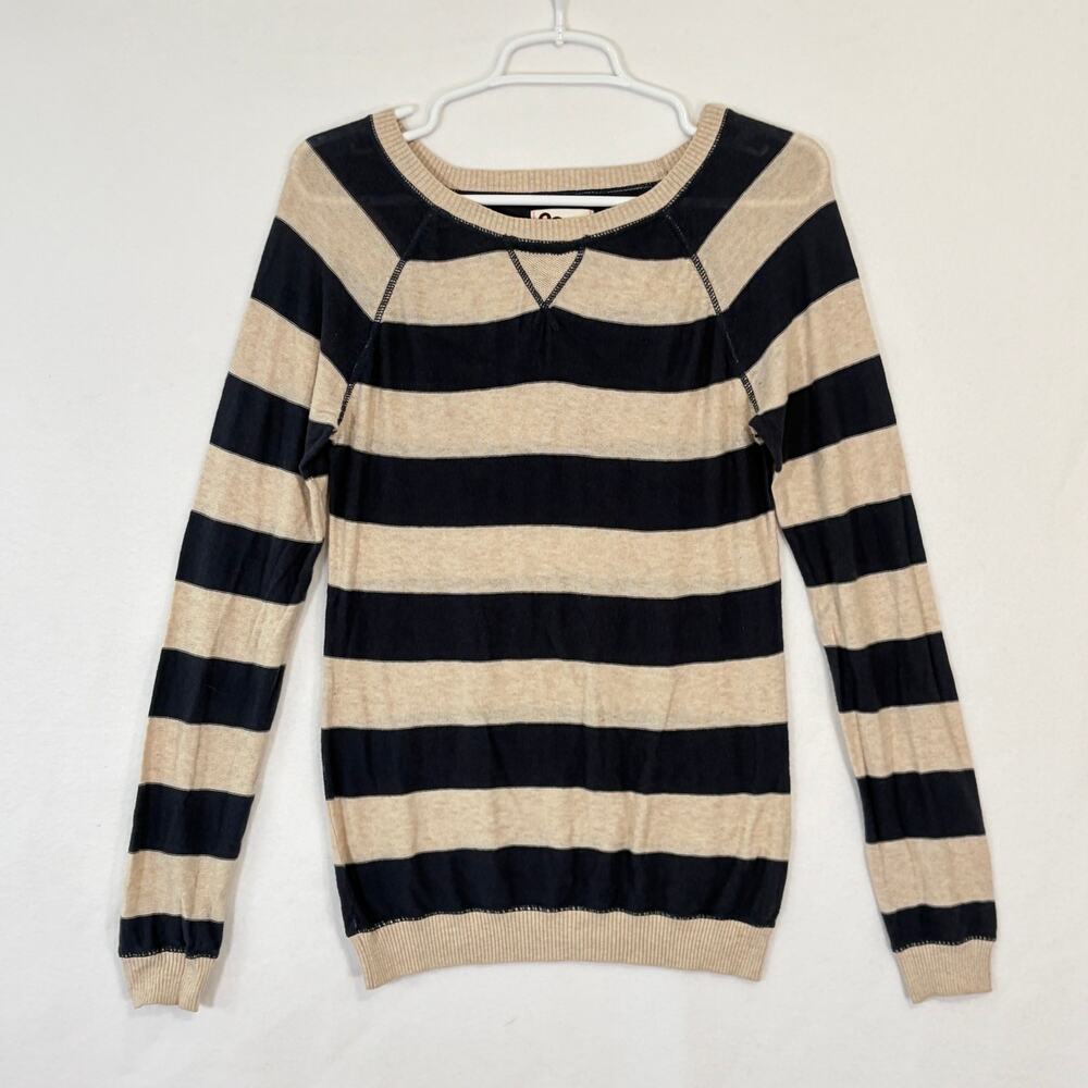 SO Sweater Women Large Cream & Navy Blue Y2K Striped Lightweight Thin Cotton